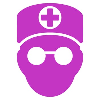 Doctor Head glyph icon. Style is flat symbol, violet color, rounded angles, white background.