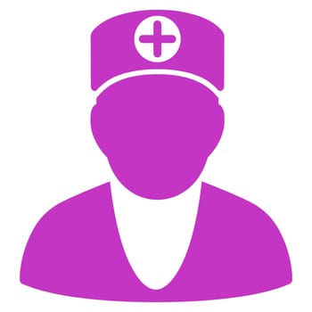 Doctor glyph icon. Style is flat symbol, violet color, rounded angles, white background.