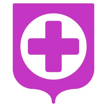 Medical Shield glyph icon. Style is flat symbol, violet color, rounded angles, white background.