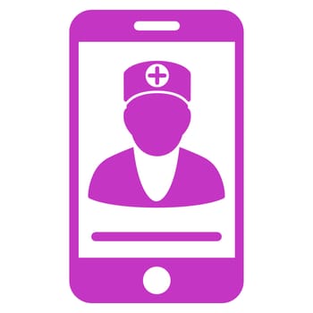 Online Doctor glyph icon. Style is flat symbol, violet color, rounded angles, white background.