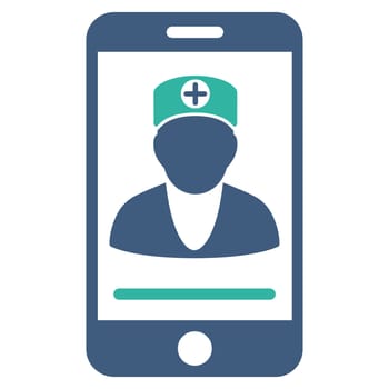 Online Doctor raster icon. Style is bicolor flat symbol, cobalt and cyan colors, rounded angles, white background.
