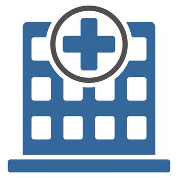 Clinic Building raster icon. Style is bicolor flat symbol, cobalt and gray colors, rounded angles, white background.