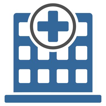 Clinic Building raster icon. Style is bicolor flat symbol, cobalt and gray colors, rounded angles, white background.