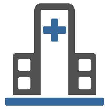 Hospital Building raster icon. Style is bicolor flat symbol, cobalt and gray colors, rounded angles, white background.