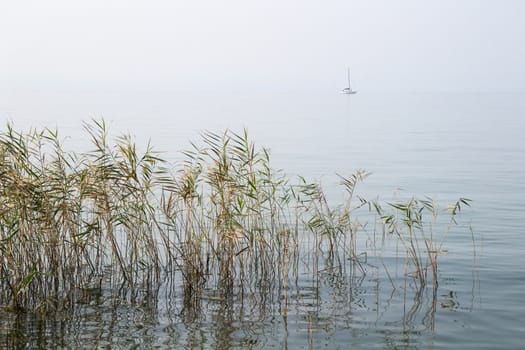 a sailboat sailing in the mist of the lake