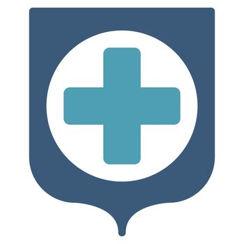 Medical Shield raster icon. Style is bicolor flat symbol, cyan and blue colors, rounded angles, white background.