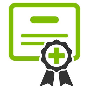 Certification raster icon. Style is bicolor flat symbol, eco green and gray colors, rounded angles, white background.