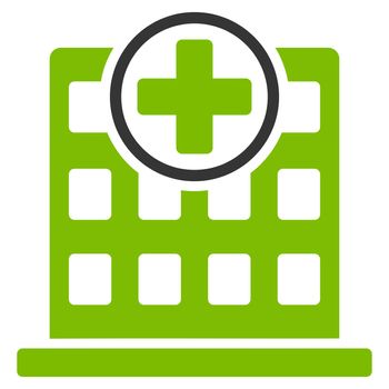 Clinic Building raster icon. Style is bicolor flat symbol, eco green and gray colors, rounded angles, white background.