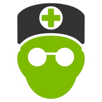 Doctor Head raster icon. Style is bicolor flat symbol, eco green and gray colors, rounded angles, white background.