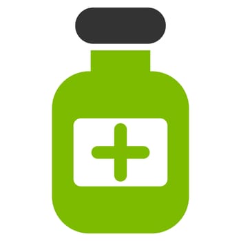 Drugs Bottle raster icon. Style is bicolor flat symbol, eco green and gray colors, rounded angles, white background.