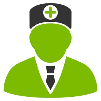 Head Physician raster icon. Style is bicolor flat symbol, eco green and gray colors, rounded angles, white background.