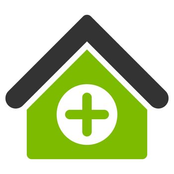 Hospital raster icon. Style is bicolor flat symbol, eco green and gray colors, rounded angles, white background.