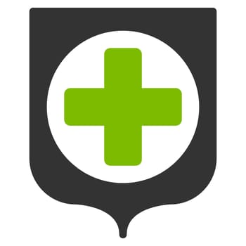 Medical Shield raster icon. Style is bicolor flat symbol, eco green and gray colors, rounded angles, white background.