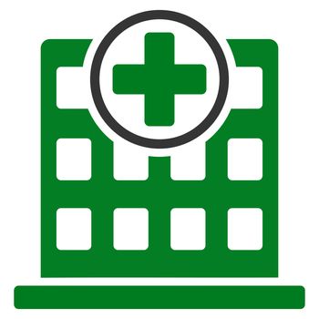 Clinic Building raster icon. Style is bicolor flat symbol, green and gray colors, rounded angles, white background.