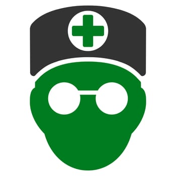 Doctor Head raster icon. Style is bicolor flat symbol, green and gray colors, rounded angles, white background.