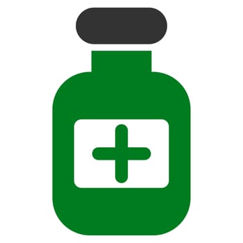 Drugs Bottle raster icon. Style is bicolor flat symbol, green and gray colors, rounded angles, white background.