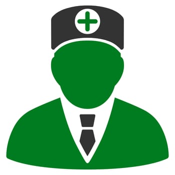 Head Physician raster icon. Style is bicolor flat symbol, green and gray colors, rounded angles, white background.