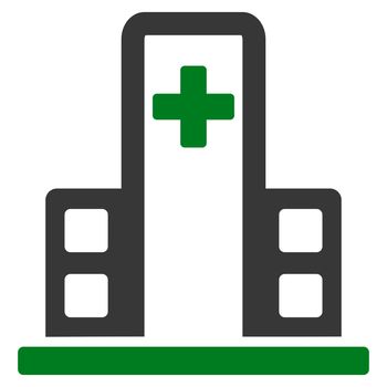 Hospital Building raster icon. Style is bicolor flat symbol, green and gray colors, rounded angles, white background.