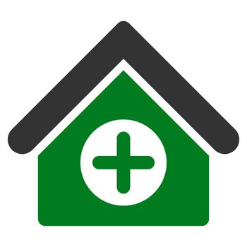 Hospital raster icon. Style is bicolor flat symbol, green and gray colors, rounded angles, white background.