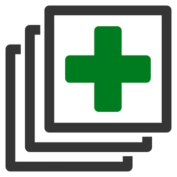 Medical Docs raster icon. Style is bicolor flat symbol, green and gray colors, rounded angles, white background.