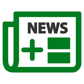 Medical Newspaper raster icon. Style is bicolor flat symbol, green and gray colors, rounded angles, white background.