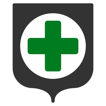 Medical Shield raster icon. Style is bicolor flat symbol, green and gray colors, rounded angles, white background.