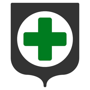 Medical Shield raster icon. Style is bicolor flat symbol, green and gray colors, rounded angles, white background.