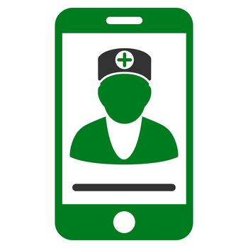Online Doctor raster icon. Style is bicolor flat symbol, green and gray colors, rounded angles, white background.