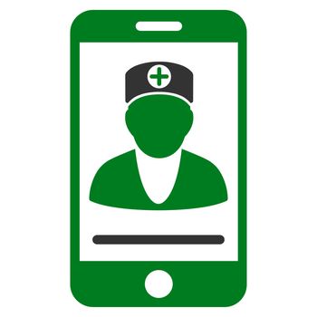 Online Doctor raster icon. Style is bicolor flat symbol, green and gray colors, rounded angles, white background.