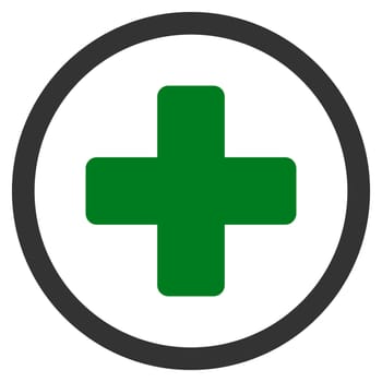 Rounded Plus raster icon. Style is bicolor flat symbol, green and gray colors, rounded angles, white background.