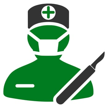 Surgeon raster icon. Style is bicolor flat symbol, green and gray colors, rounded angles, white background.