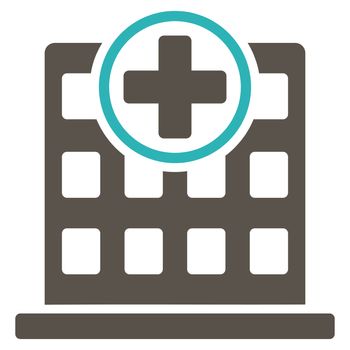 Clinic Building raster icon. Style is bicolor flat symbol, grey and cyan colors, rounded angles, white background.