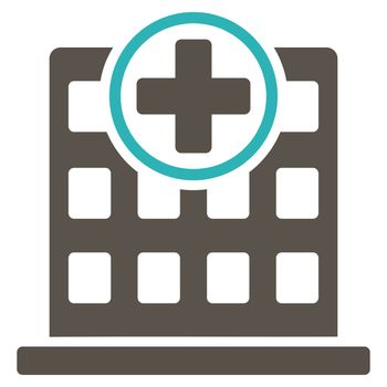 Clinic Building raster icon. Style is bicolor flat symbol, grey and cyan colors, rounded angles, white background.