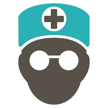 Doctor Head raster icon. Style is bicolor flat symbol, grey and cyan colors, rounded angles, white background.