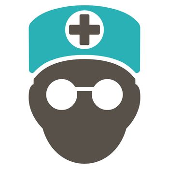 Doctor Head raster icon. Style is bicolor flat symbol, grey and cyan colors, rounded angles, white background.