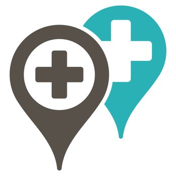 Hospital Map Markers raster icon. Style is bicolor flat symbol, grey and cyan colors, rounded angles, white background.