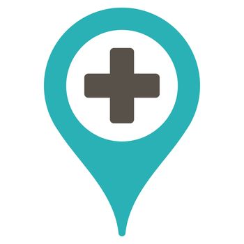 Hospital Map Pointer raster icon. Style is bicolor flat symbol, grey and cyan colors, rounded angles, white background.