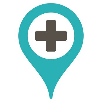 Hospital Map Pointer raster icon. Style is bicolor flat symbol, grey and cyan colors, rounded angles, white background.
