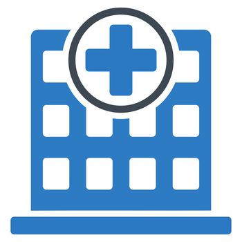 Clinic Building raster icon. Style is bicolor flat symbol, smooth blue colors, rounded angles, white background.