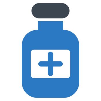Drugs Bottle raster icon. Style is bicolor flat symbol, smooth blue colors, rounded angles, white background.