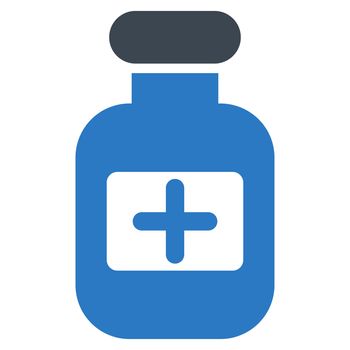 Drugs Bottle raster icon. Style is bicolor flat symbol, smooth blue colors, rounded angles, white background.