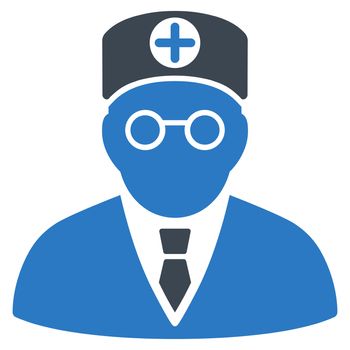 Head Physician raster icon. Style is bicolor flat symbol, smooth blue colors, rounded angles, white background.