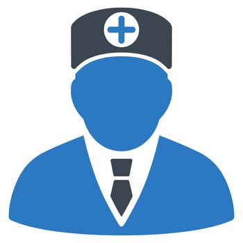 Head Physician raster icon. Style is bicolor flat symbol, smooth blue colors, rounded angles, white background.