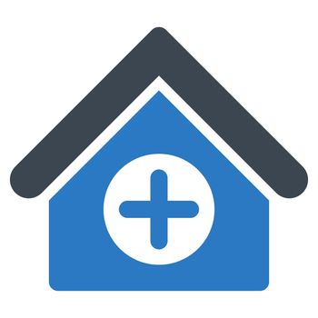 Hospital raster icon. Style is bicolor flat symbol, smooth blue colors, rounded angles, white background.