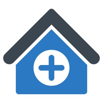 Hospital raster icon. Style is bicolor flat symbol, smooth blue colors, rounded angles, white background.