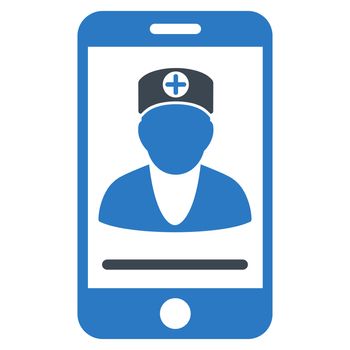 Online Doctor raster icon. Style is bicolor flat symbol, smooth blue colors, rounded angles, white background.
