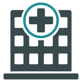 Clinic Building raster icon. Style is bicolor flat symbol, soft blue colors, rounded angles, white background.