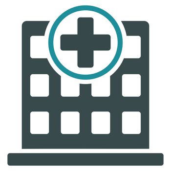 Clinic Building raster icon. Style is bicolor flat symbol, soft blue colors, rounded angles, white background.