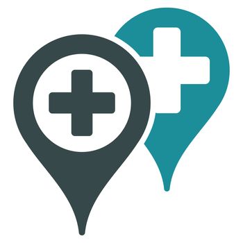 Hospital Map Markers raster icon. Style is bicolor flat symbol, soft blue colors, rounded angles, white background.