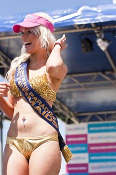 GOLD COAST, AUSTRALIA - OCTOBER 2: Unidentified participants prepare for march of successful Guinness World Record longest bikini parade on October 2,2011 in Gold Coast, Australia.
